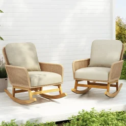 Walker Edison | Contemporary Minimalist Beige Wicker Rocking Chair Set of 2