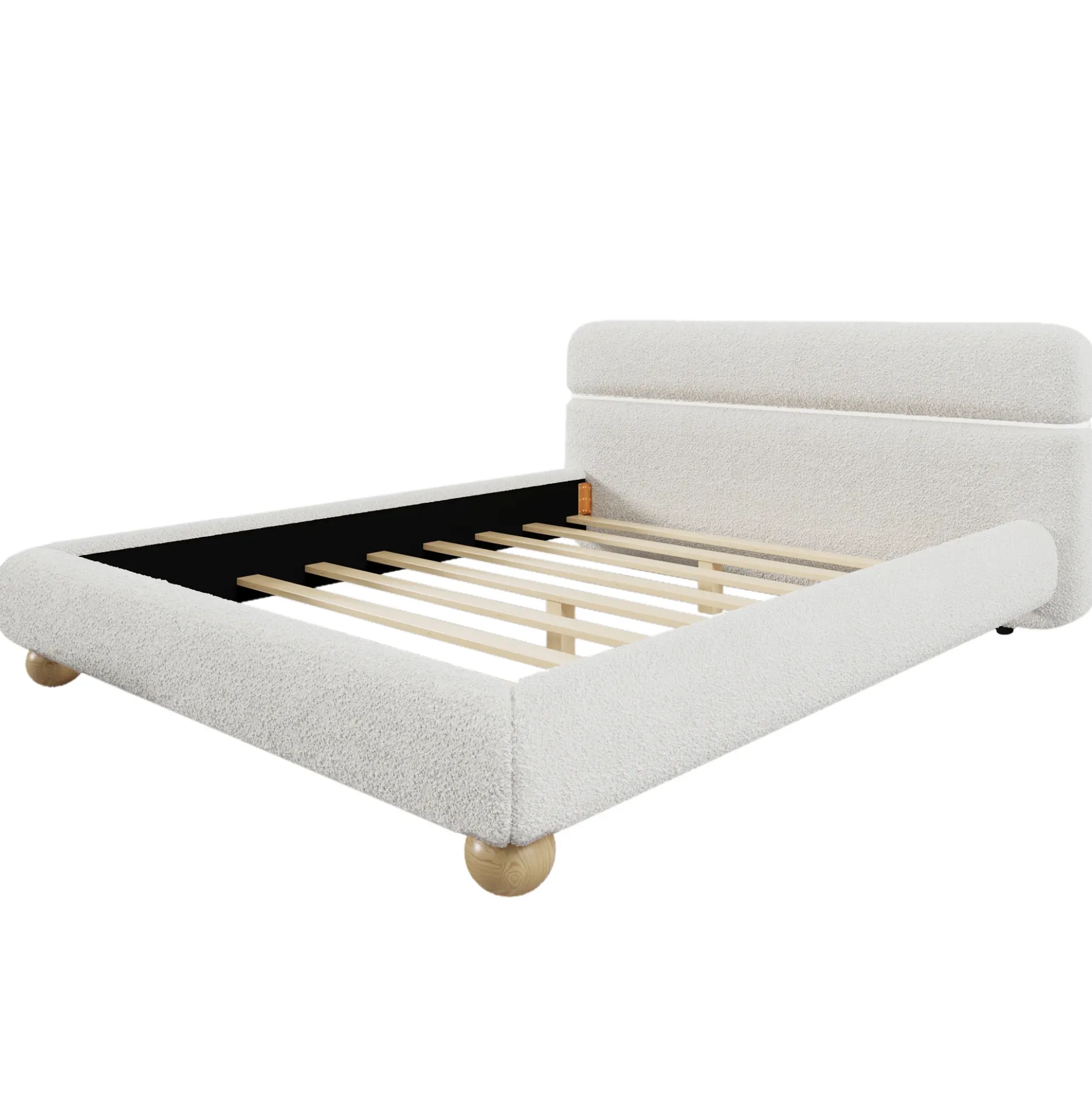 Walker Edison | Contemporary Boucle Queen Bedframe with Solid Round Legs
