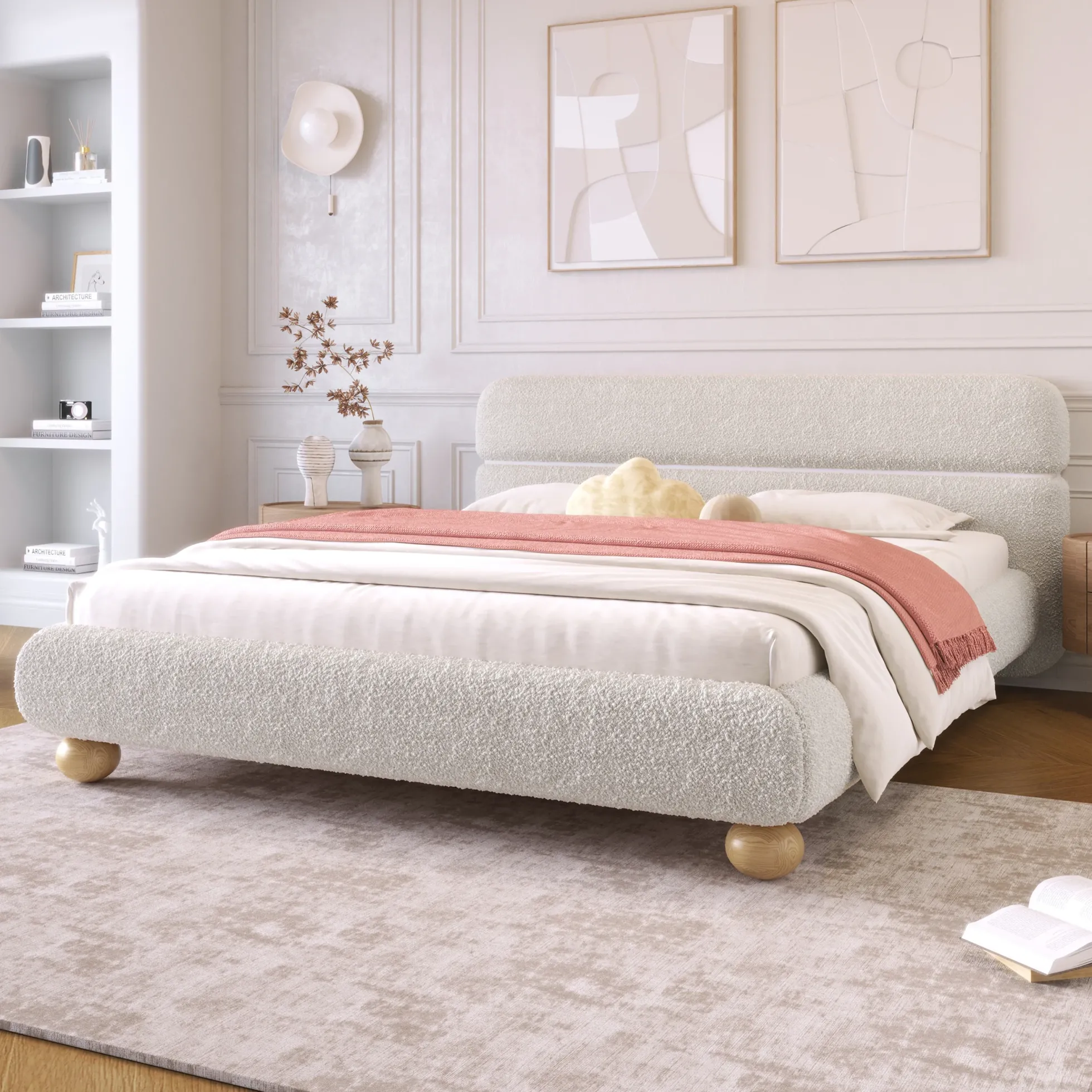 Walker Edison | Contemporary Boucle Queen Bedframe with Solid Round Legs