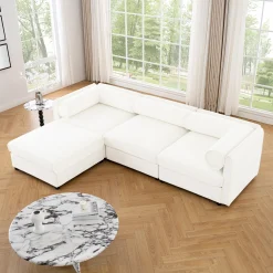 Walker Edison | Contemporary White Chenille L-Shaped Sofa with Storage and Ottoman