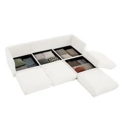 Walker Edison | Contemporary White Chenille L-Shaped Sofa with Storage and Ottoman