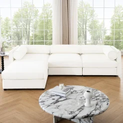 Walker Edison | Contemporary White Chenille L-Shaped Sofa with Storage and Ottoman