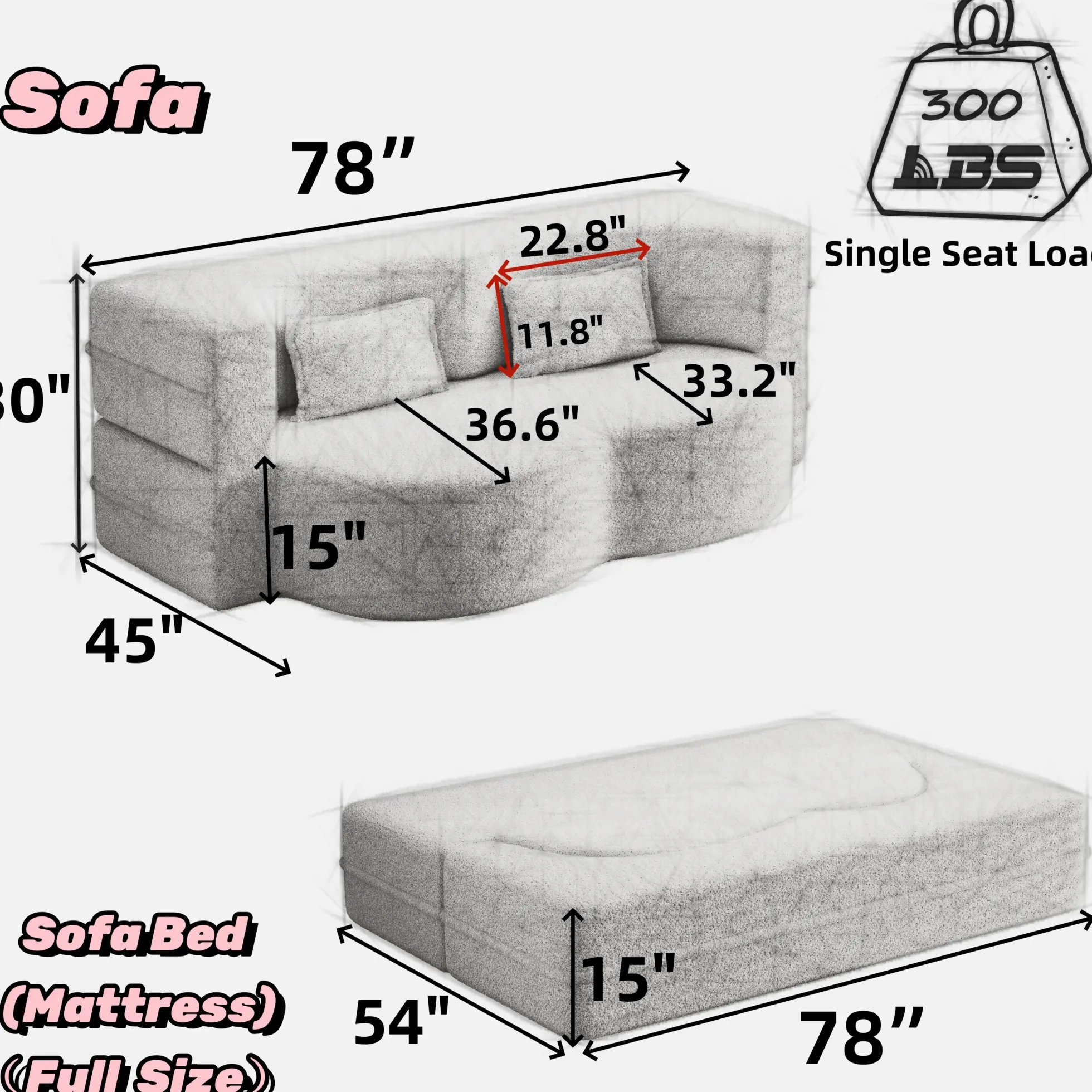 Walker Edison | Convertible Modern Teddy Floor Full Size Sofa Bed with Pillows