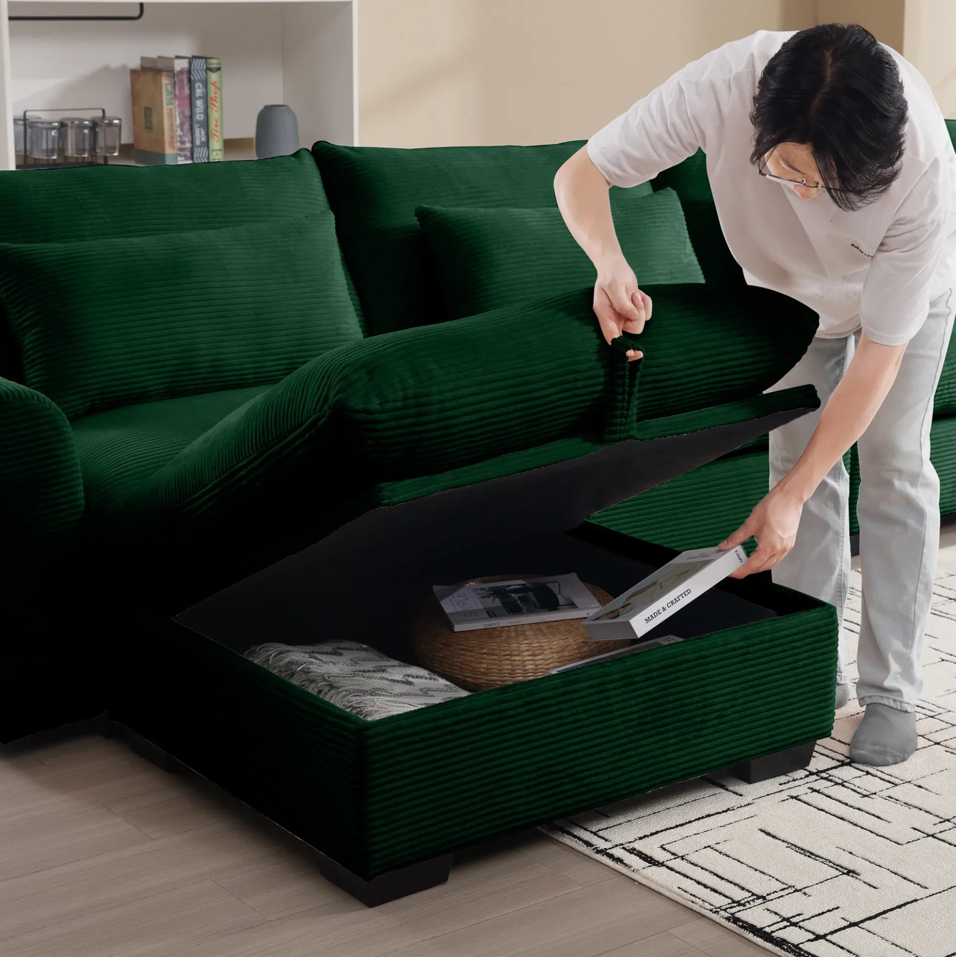 Walker Edison | Corduroy Sectional Sofa with Storage Ottoman