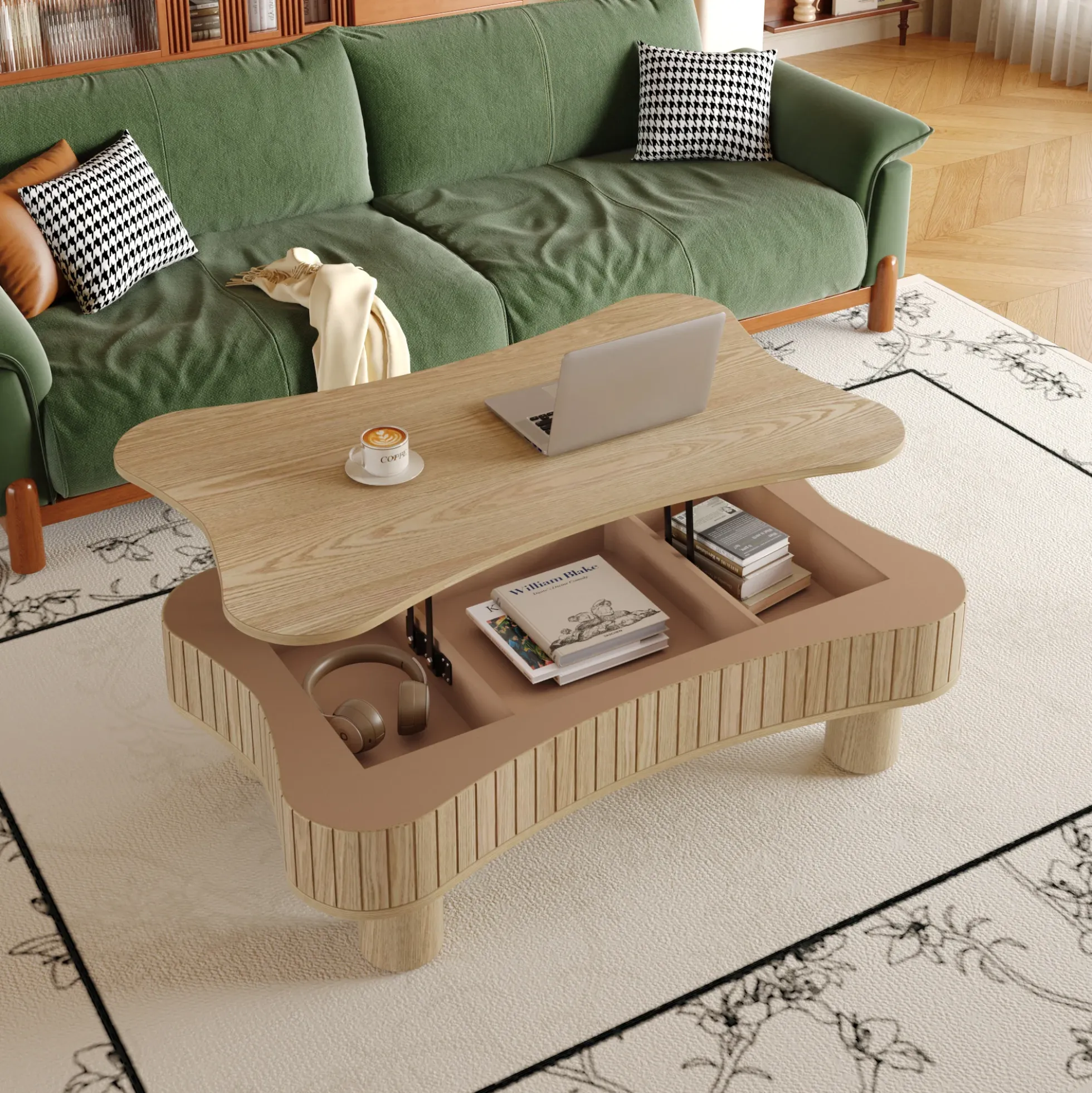 Walker Edison | Curve Design Reeded Lift Top Coffee Table and Desk