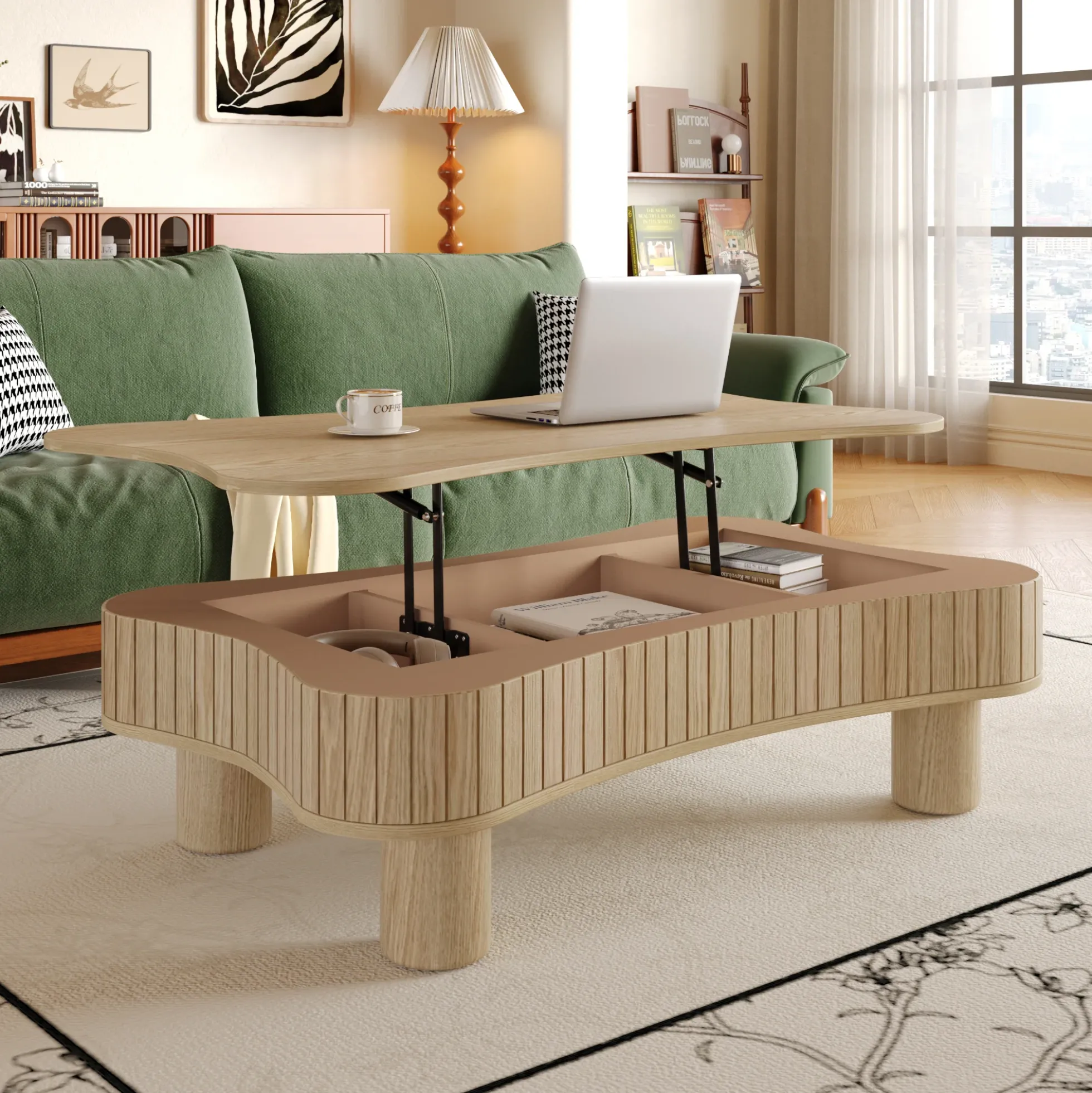 Walker Edison | Curve Design Reeded Lift Top Coffee Table and Desk