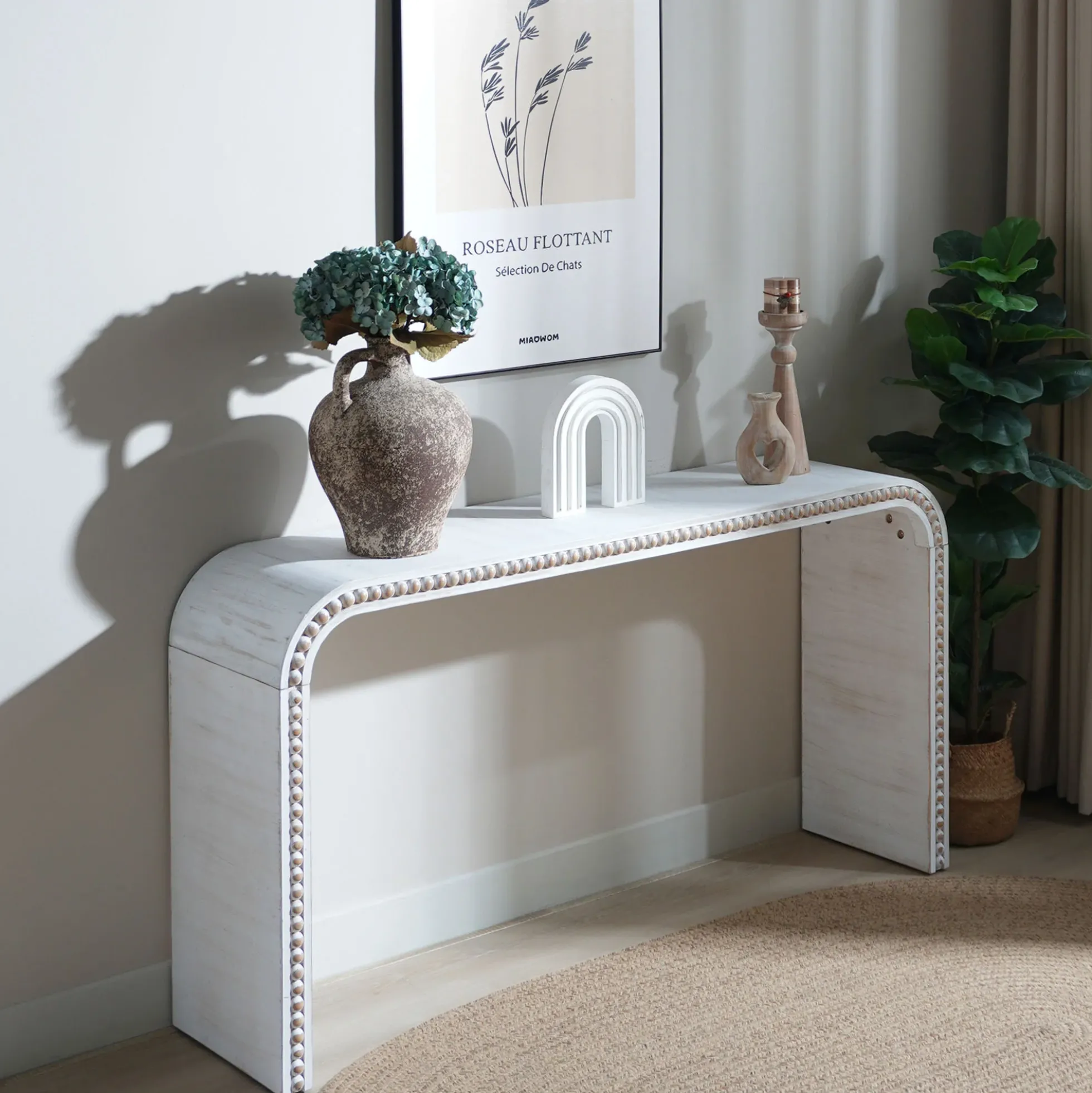 Walker Edison | Curve Design Washed White 59" Entryway Console Table