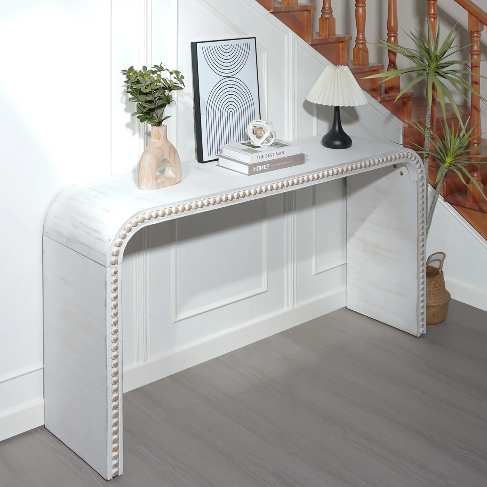 Walker Edison | Curve Design Washed White 59" Entryway Console Table
