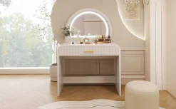 Walker Edison | Curve Reeded Makeup Vanity Table with Mirror Touch Screen Light
