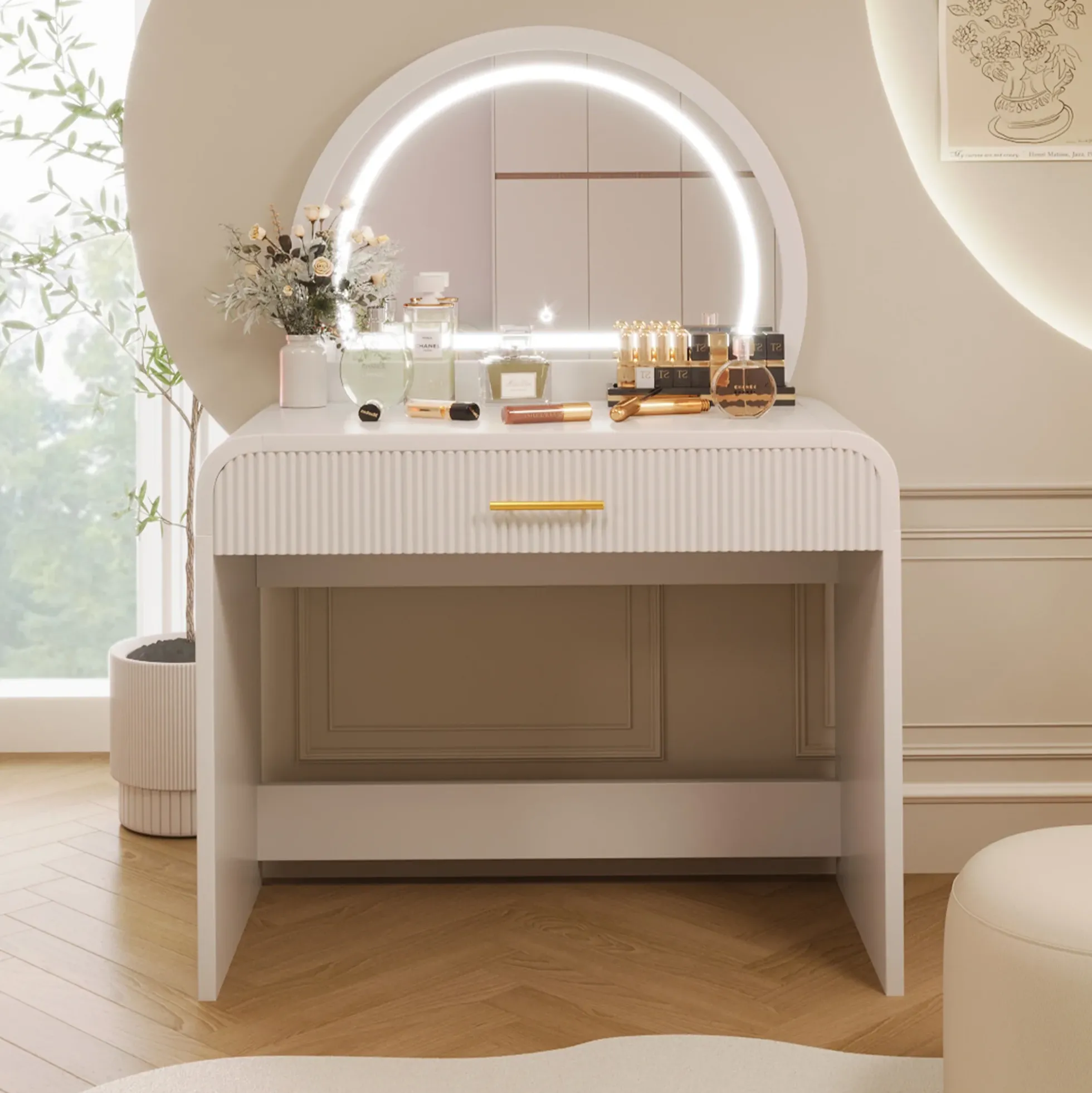 Walker Edison | Curve Reeded Makeup Vanity Table with Mirror Touch Screen Light