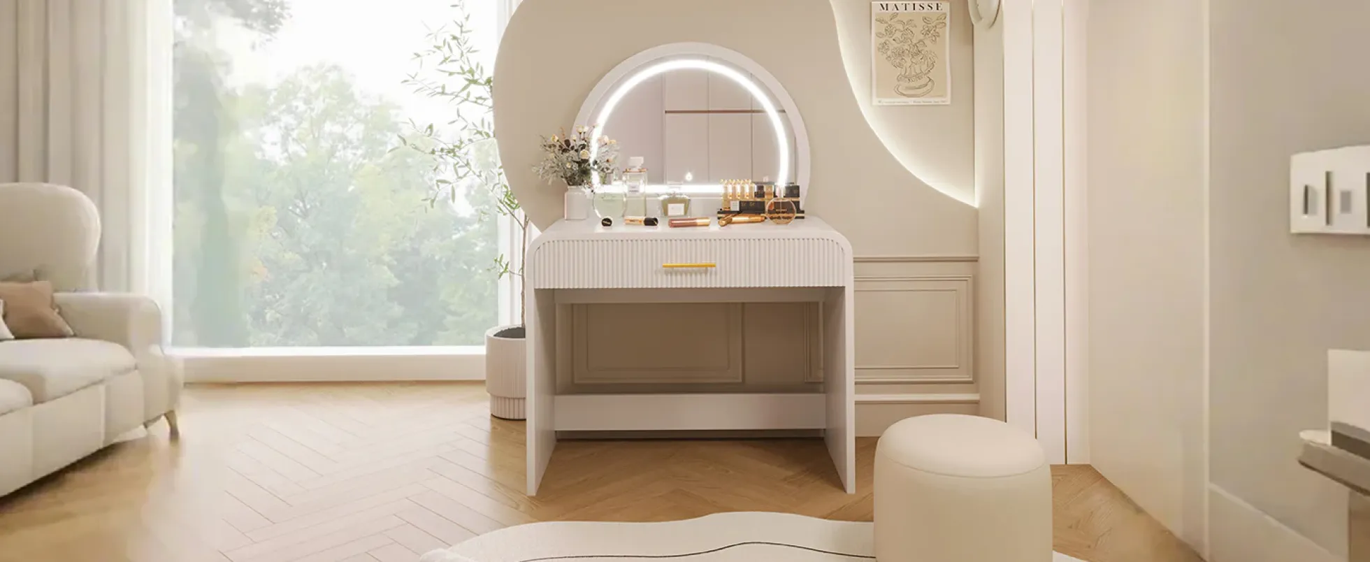 Walker Edison | Curve Reeded Makeup Vanity Table with Mirror Touch Screen Light