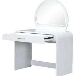 Walker Edison | Curve Reeded Makeup Vanity Table with Mirror Touch Screen Light