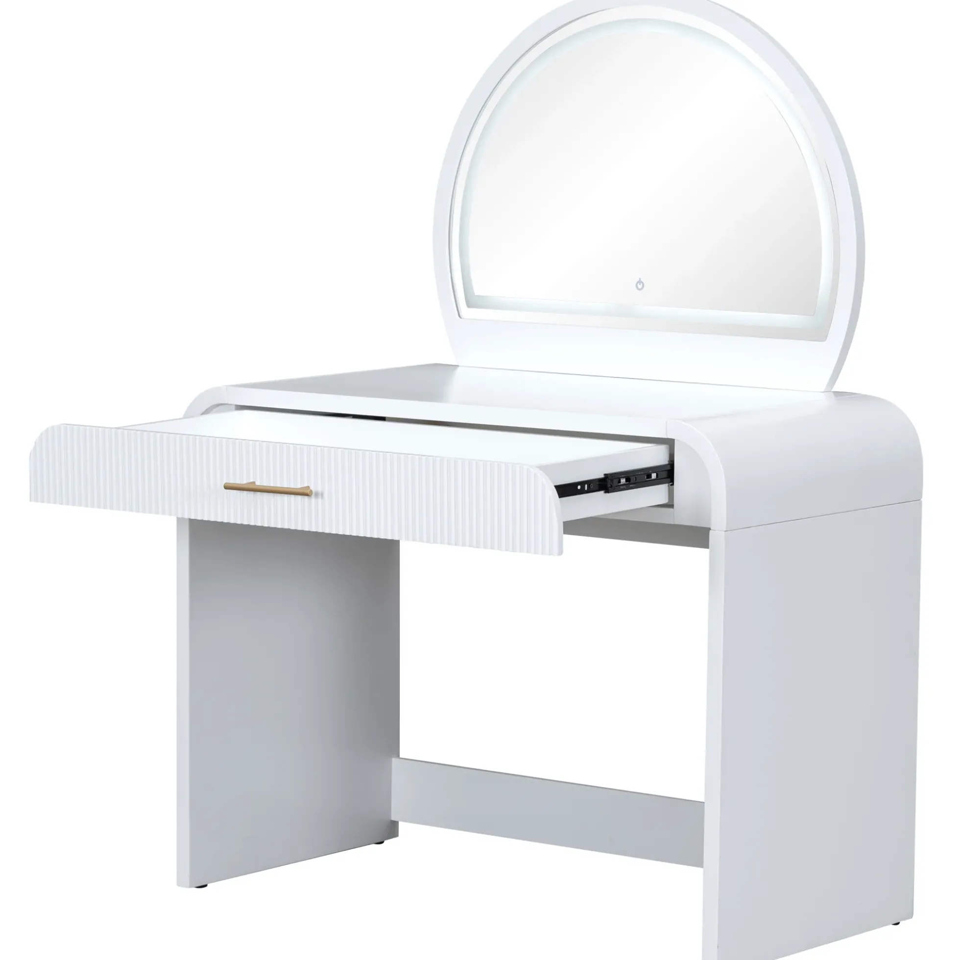 Walker Edison | Curve Reeded Makeup Vanity Table with Mirror Touch Screen Light