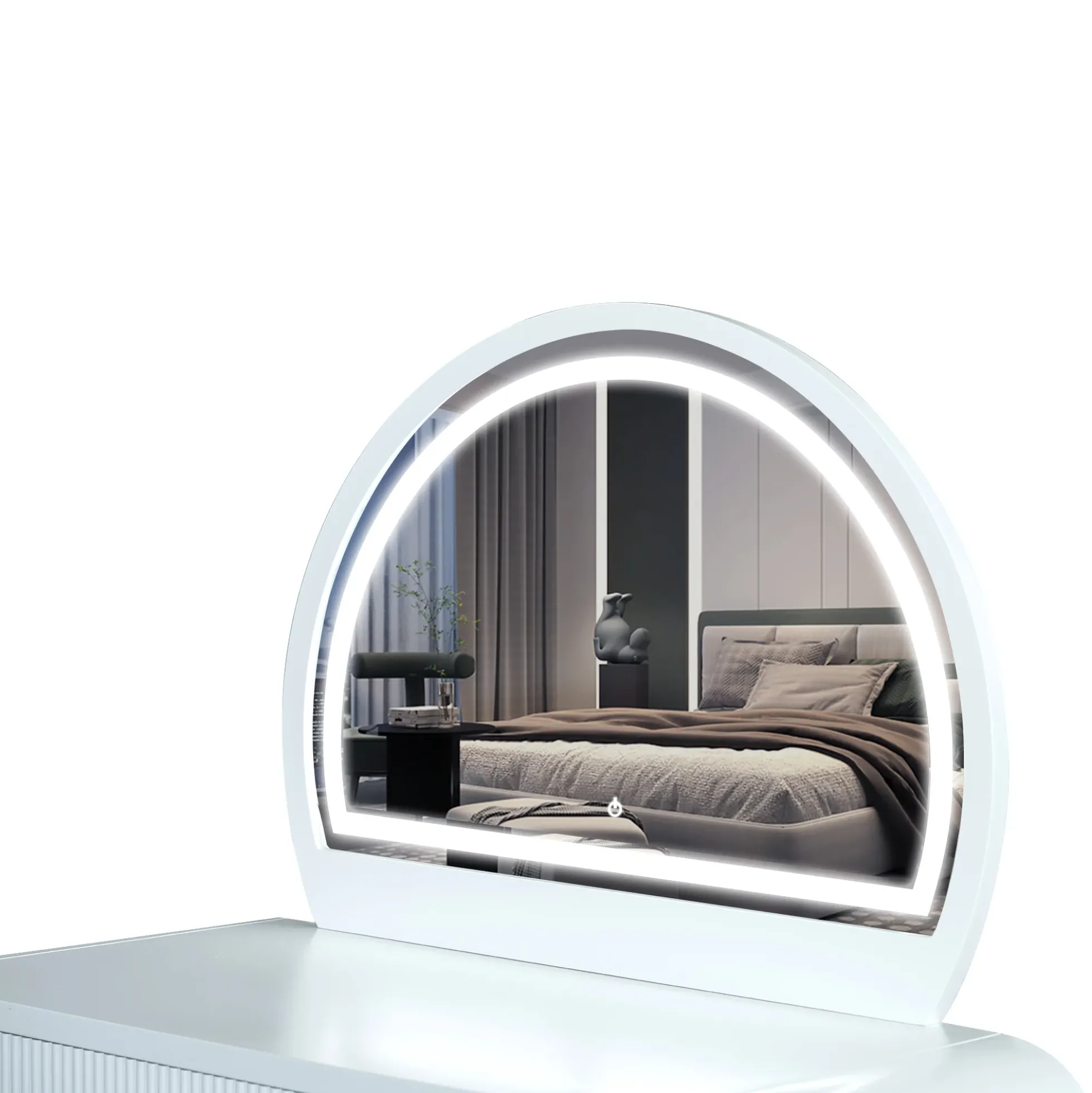 Walker Edison | Curve Reeded Makeup Vanity Table with Mirror Touch Screen Light