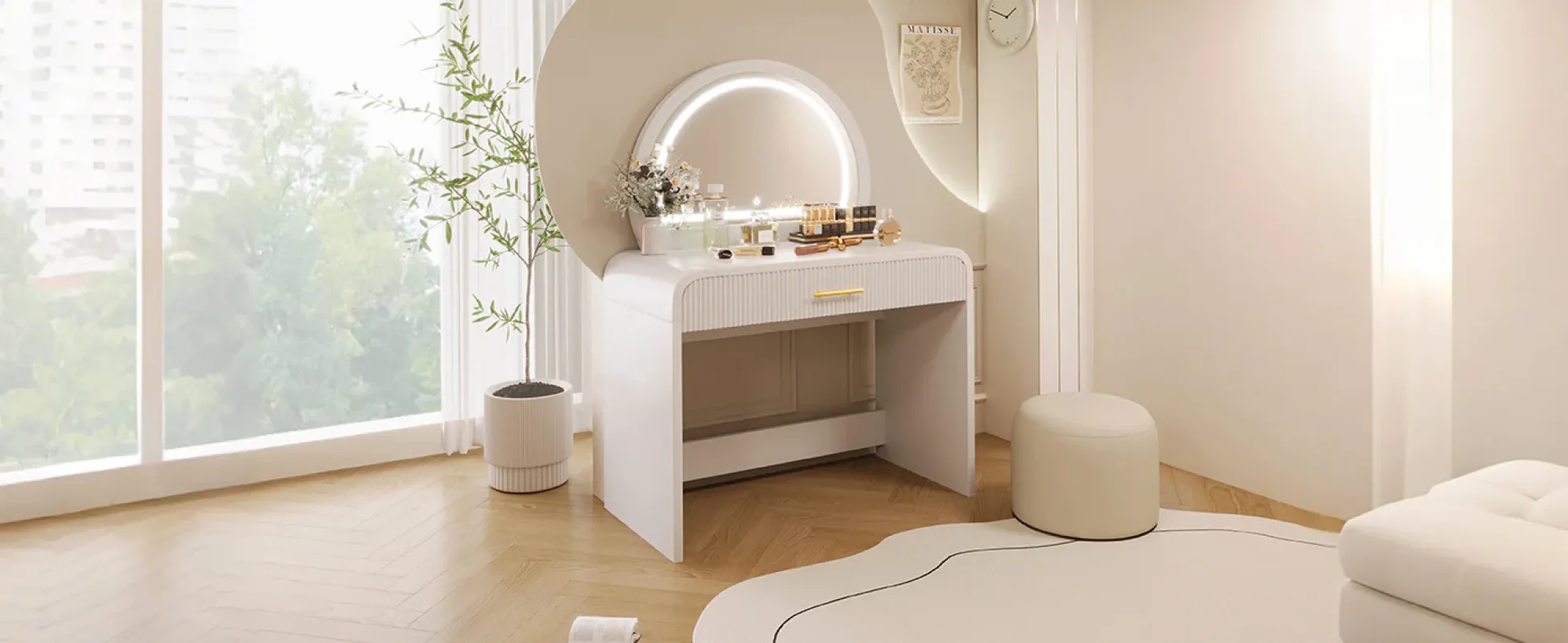 Walker Edison | Curve Reeded Makeup Vanity Table with Mirror Touch Screen Light