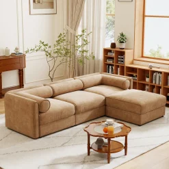 Walker Edison | Elegant Camel Chenille Sofa with Storage Seat and Ottoman