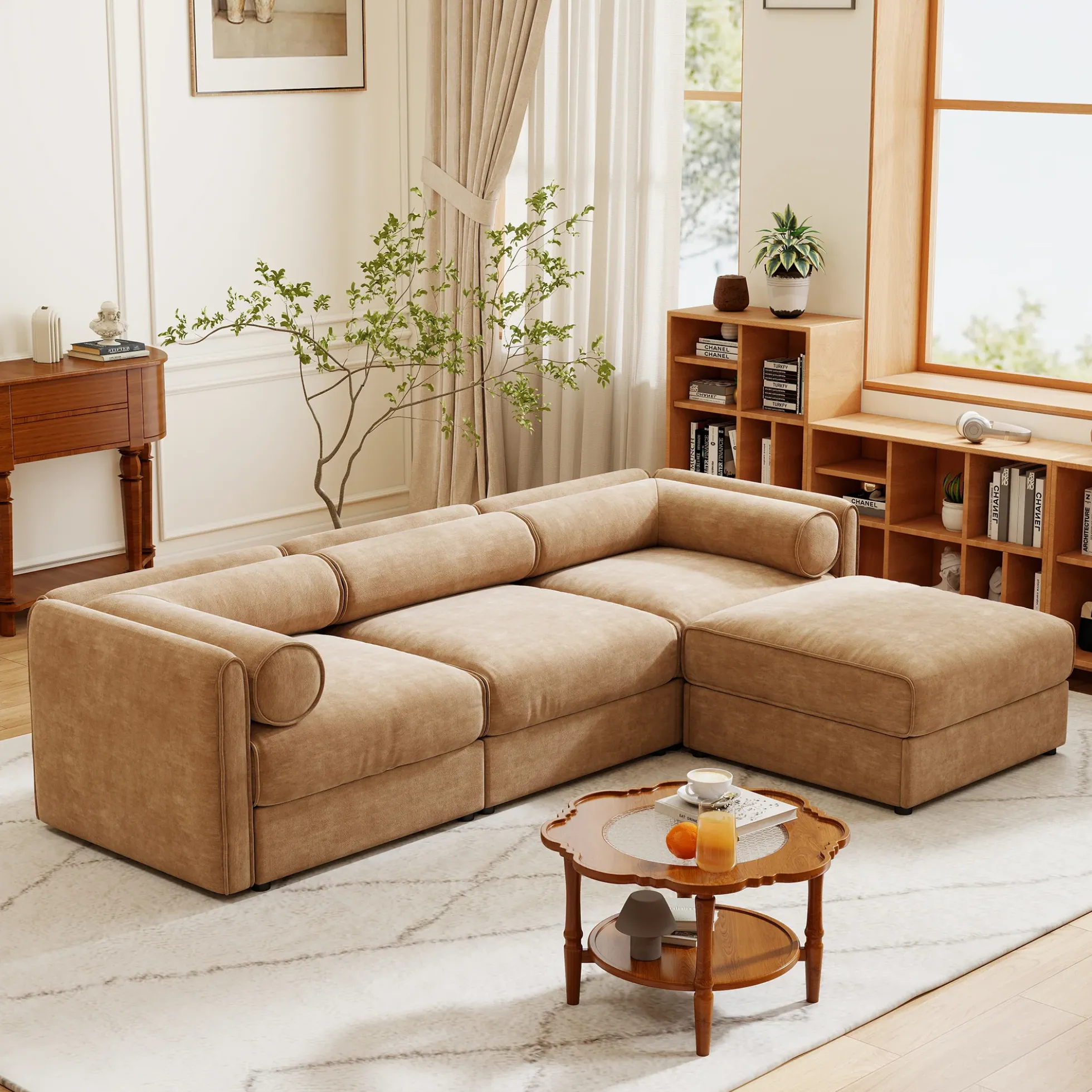 Walker Edison | Elegant Camel Chenille Sofa with Storage Seat and Ottoman