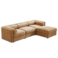 Walker Edison | Elegant Camel Chenille Sofa with Storage Seat and Ottoman