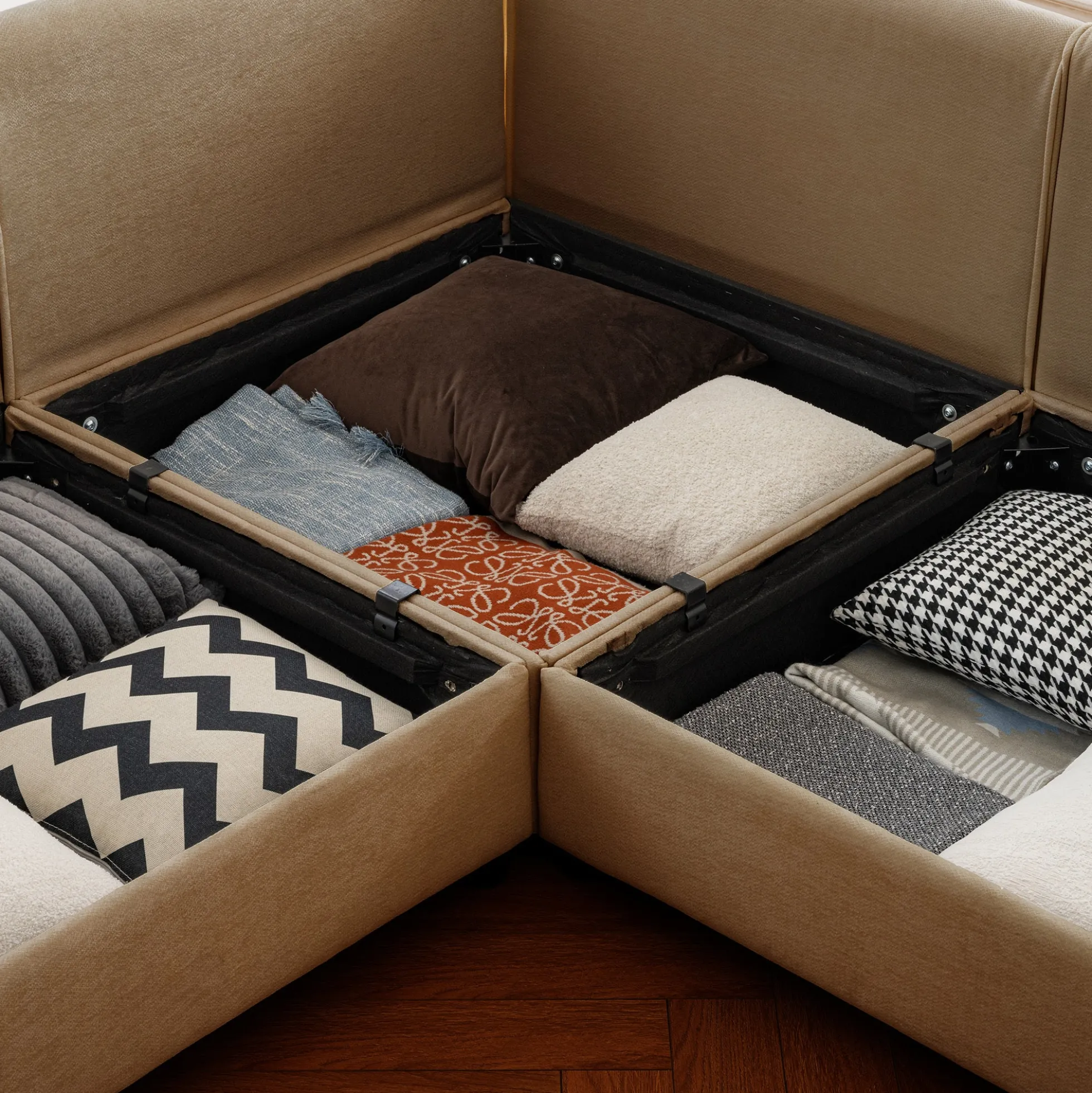 Walker Edison | Elegant Camel Chenille Sofa with Storage Seat and Ottoman
