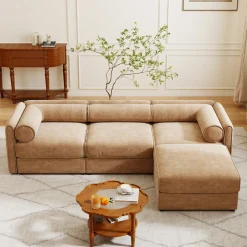 Walker Edison | Elegant Camel Chenille Sofa with Storage Seat and Ottoman