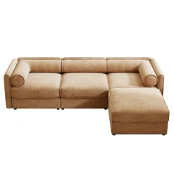 Walker Edison | Elegant Camel Chenille Sofa with Storage Seat and Ottoman