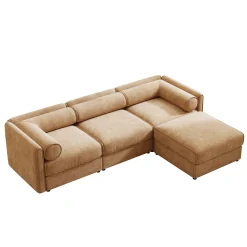 Walker Edison | Elegant Camel Chenille Sofa with Storage Seat and Ottoman