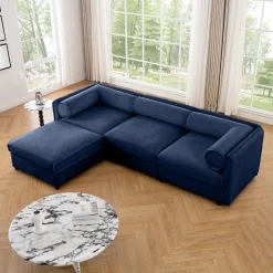 Walker Edison | Elegant L-Shaped Blue Chenille 3-Seater Sofa with Storage and Ottoman