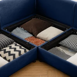 Walker Edison | Elegant L-Shaped Blue Chenille 3-Seater Sofa with Storage and Ottoman