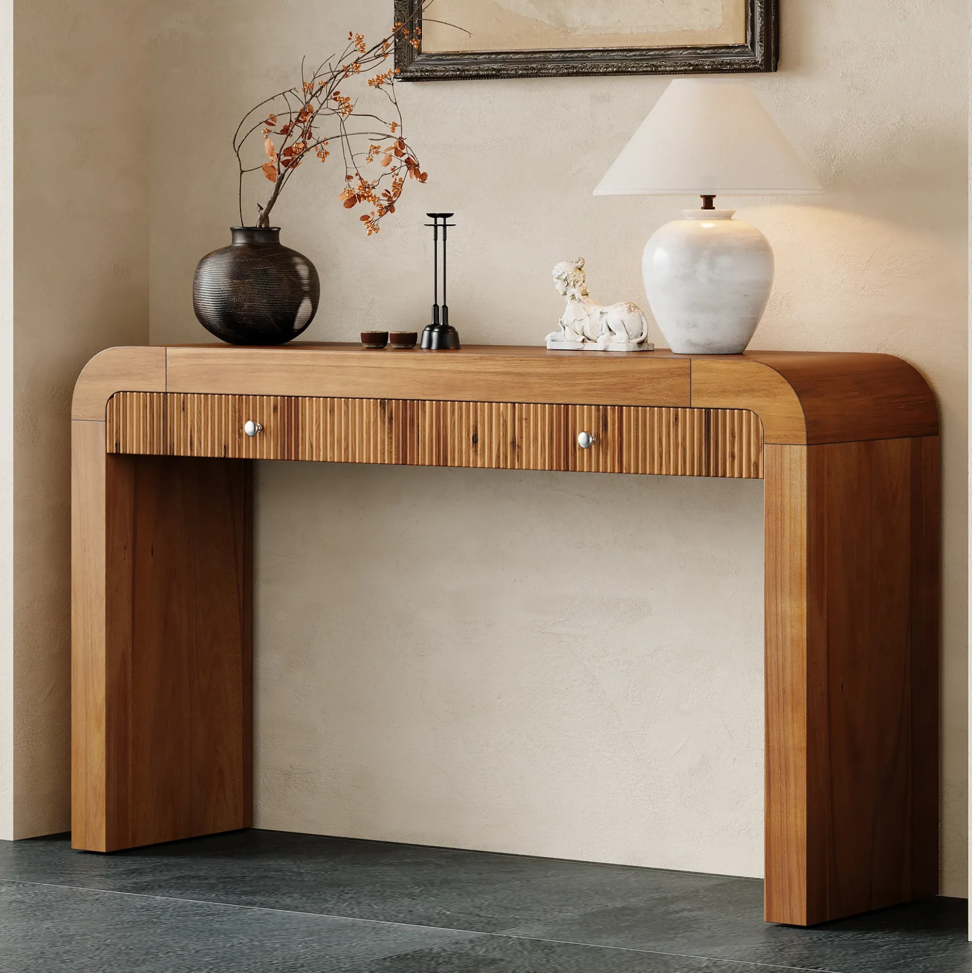Walker Edison | Entryway Fluted Curve Design Console/Desk Table with Drawers