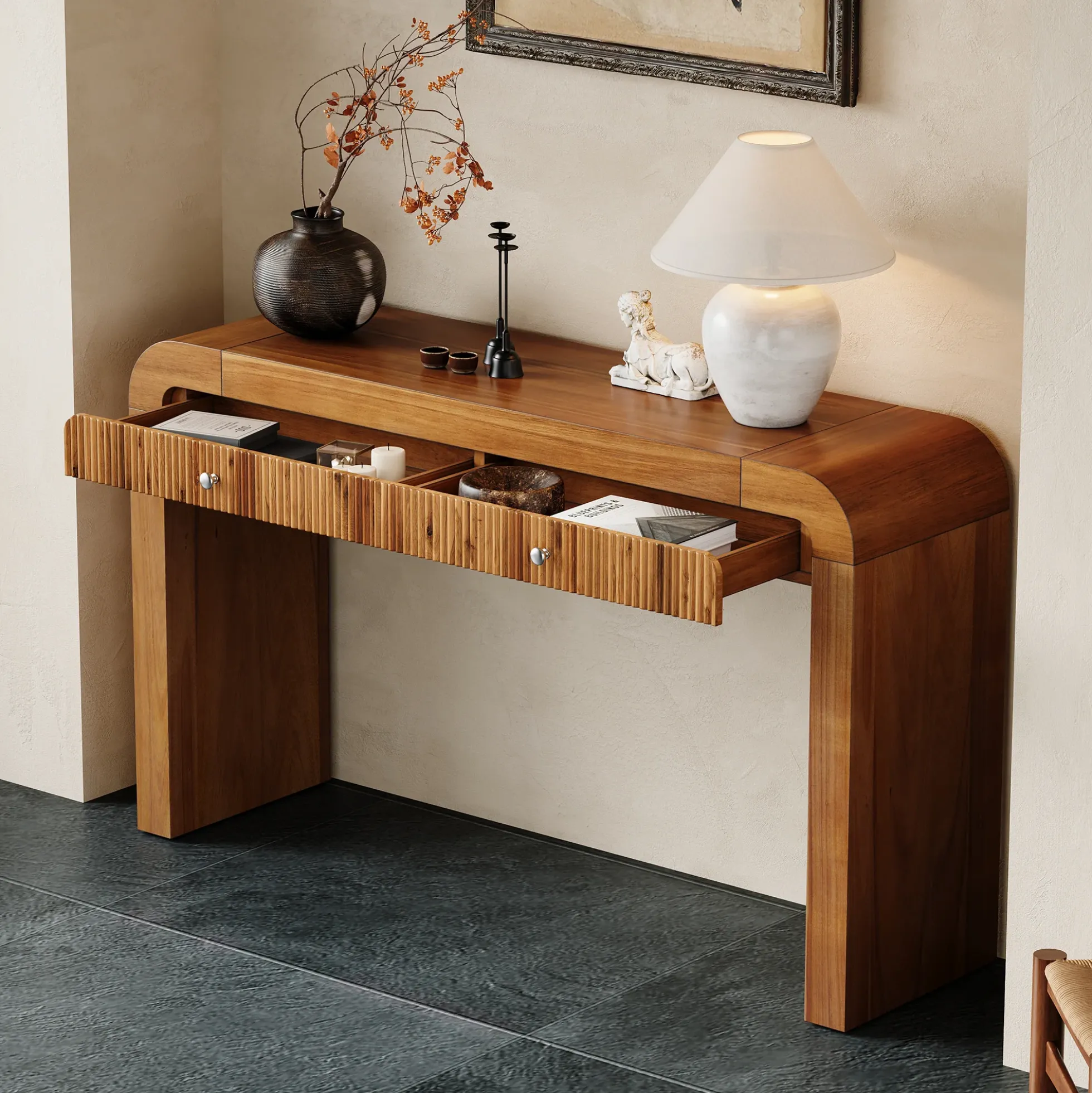Walker Edison | Entryway Fluted Curve Design Console/Desk Table with Drawers