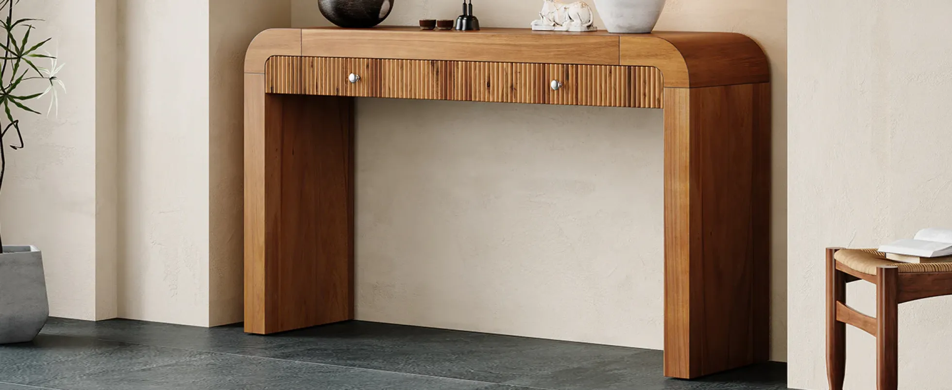 Walker Edison | Entryway Fluted Curve Design Console/Desk Table with Drawers