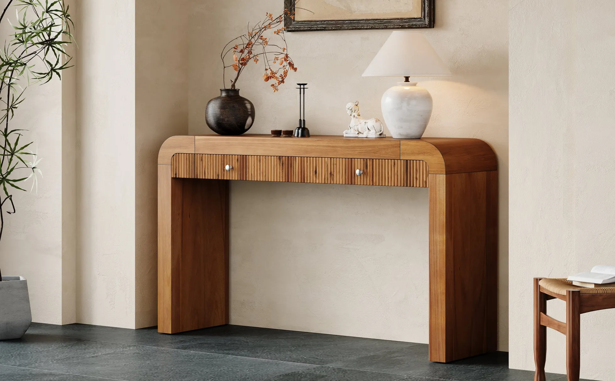 Walker Edison | Entryway Fluted Curve Design Console/Desk Table with Drawers
