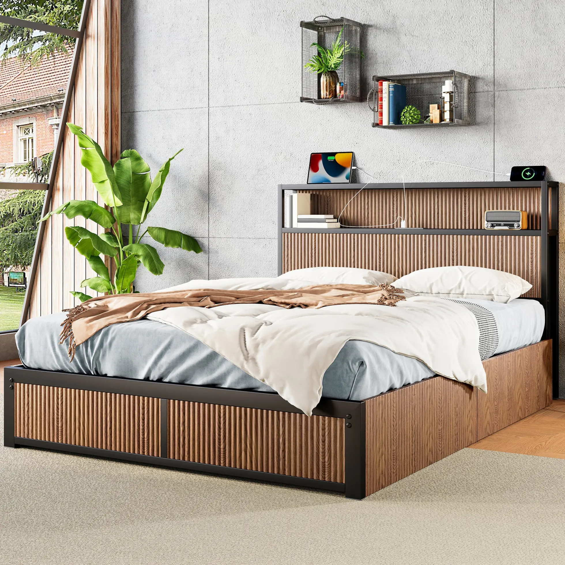 Walker Edison | Fluted Pattern Wood Queen Storage Bedframe