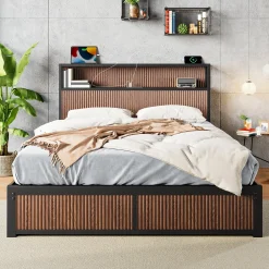Walker Edison | Fluted Pattern Wood Queen Storage Bedframe