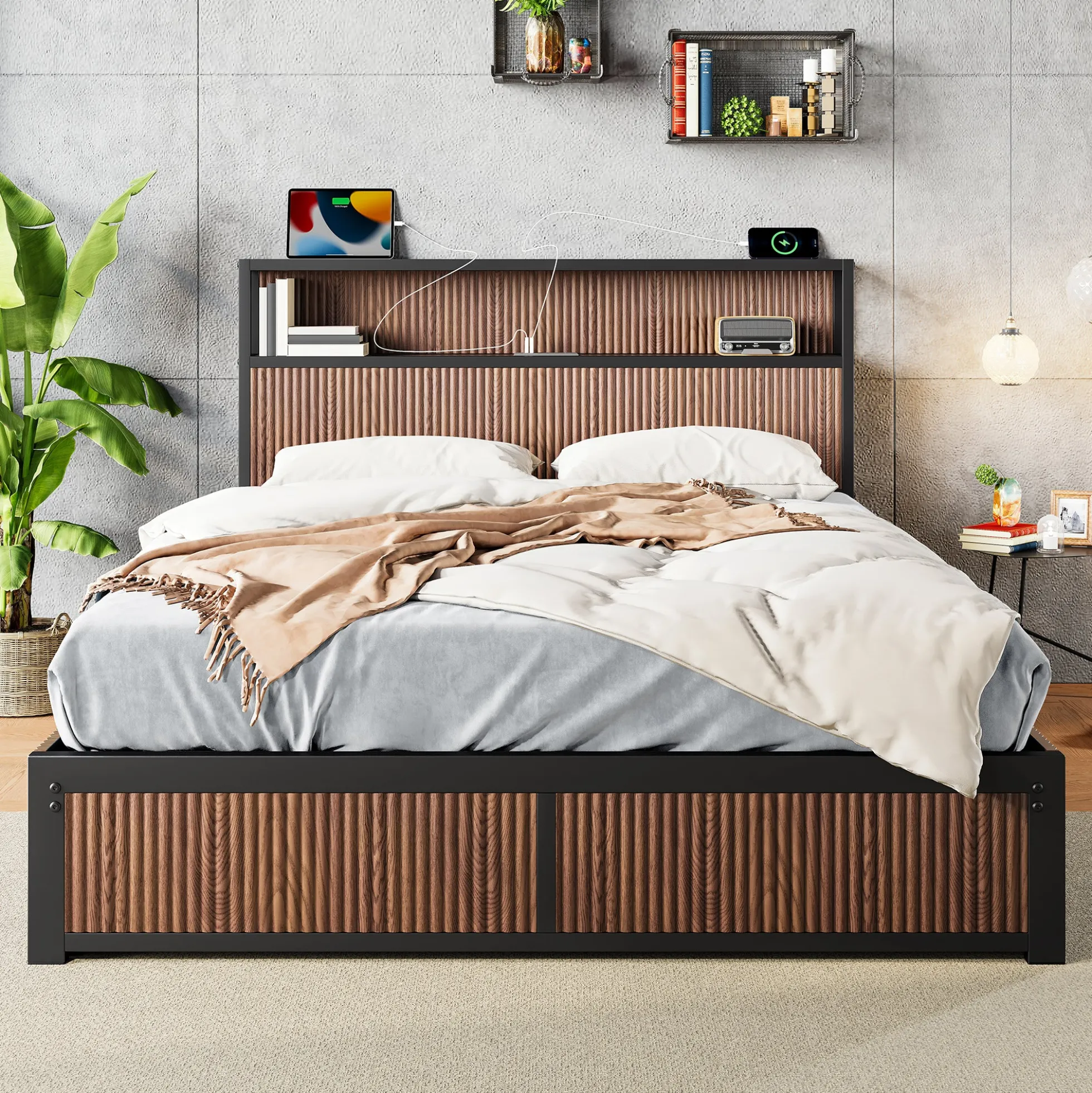 Walker Edison | Fluted Pattern Wood Queen Storage Bedframe