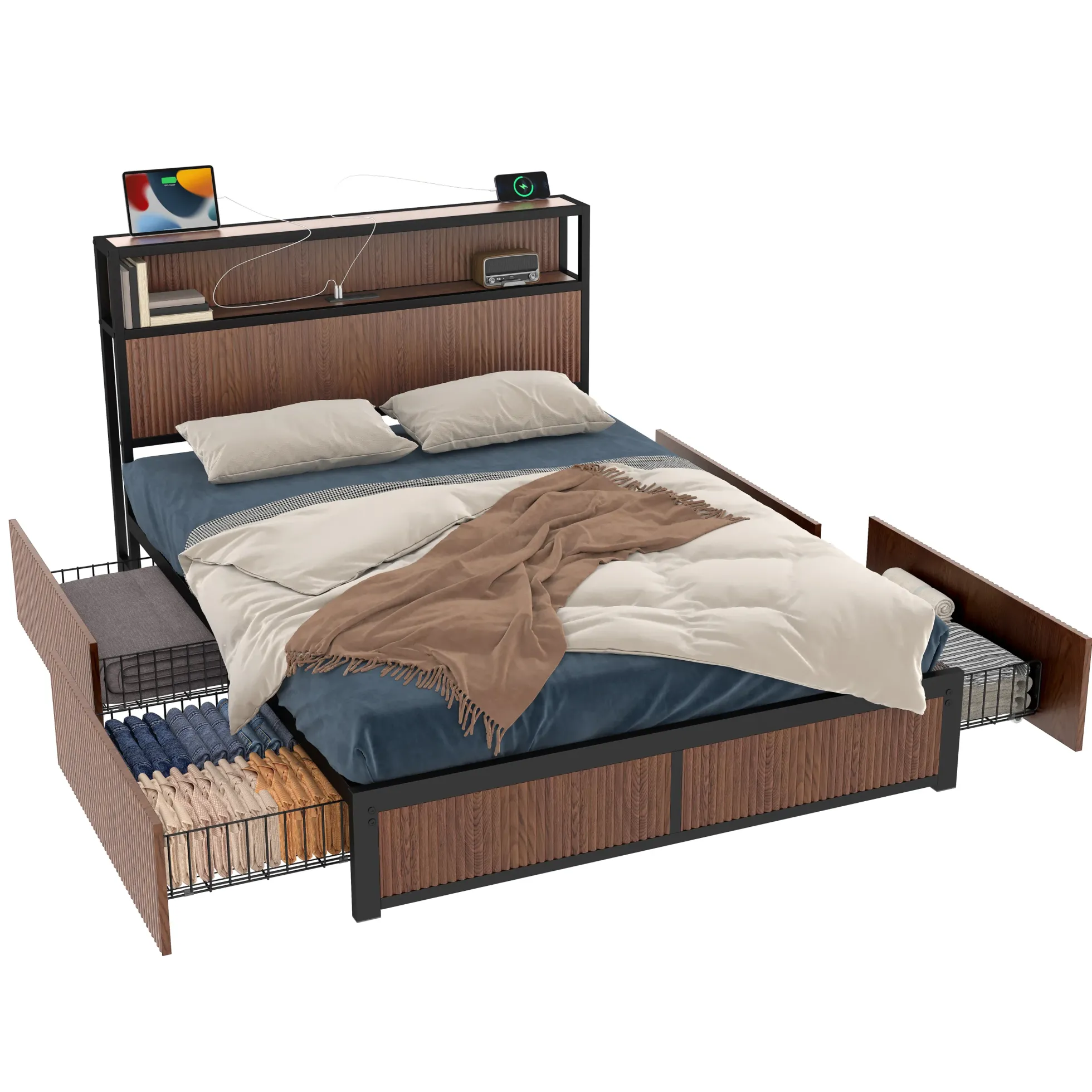 Walker Edison | Fluted Pattern Wood Queen Storage Bedframe