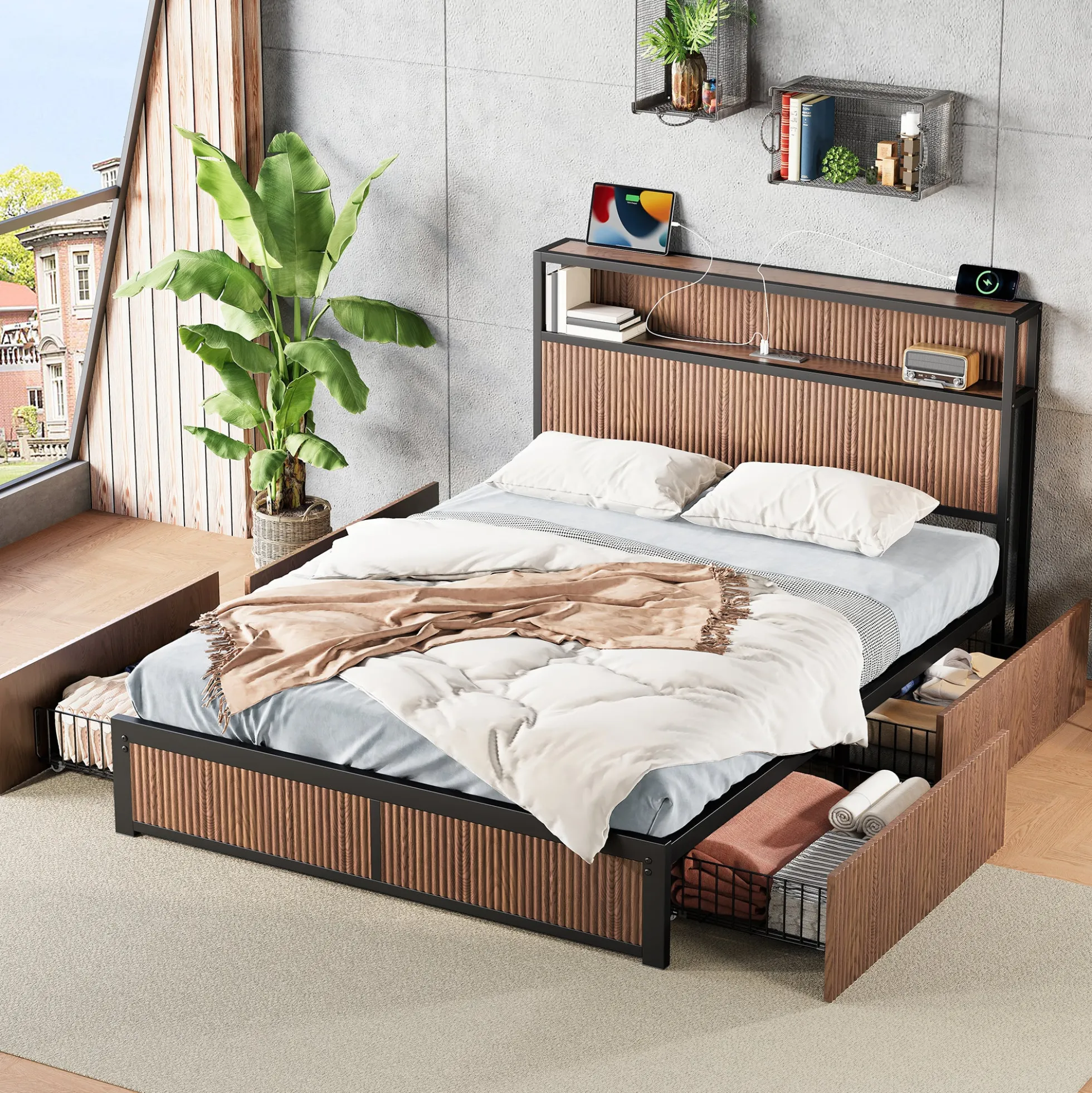Walker Edison | Fluted Pattern Wood Queen Storage Bedframe