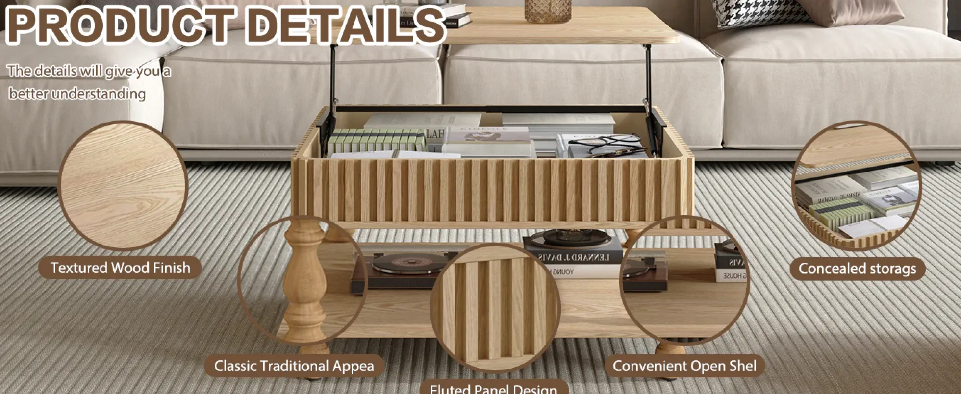 Walker Edison | Lift-Top Elevated Traditional Fluted Coffee Table