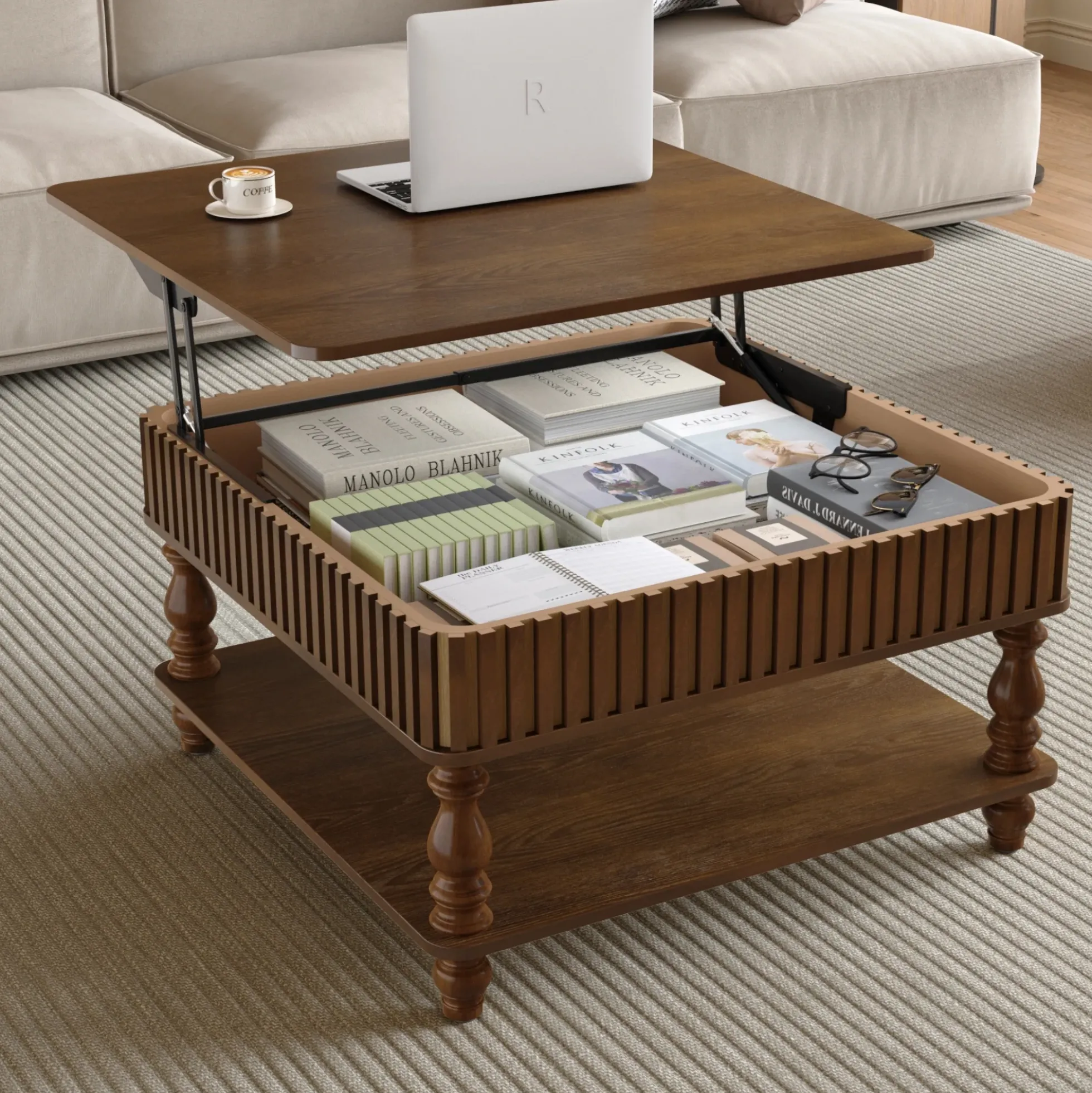 Walker Edison | Lift-Top Elevated Traditional Fluted Coffee Table
