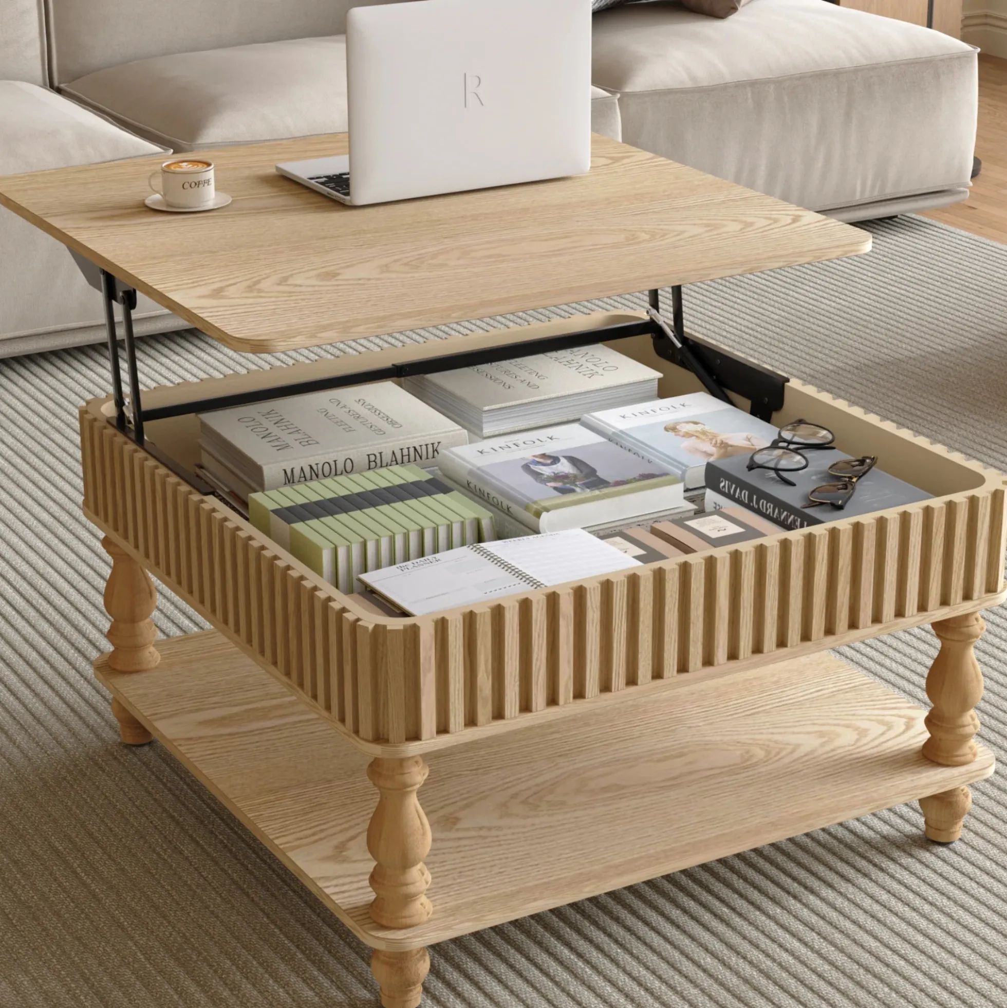 Walker Edison | Lift-Top Elevated Traditional Fluted Coffee Table
