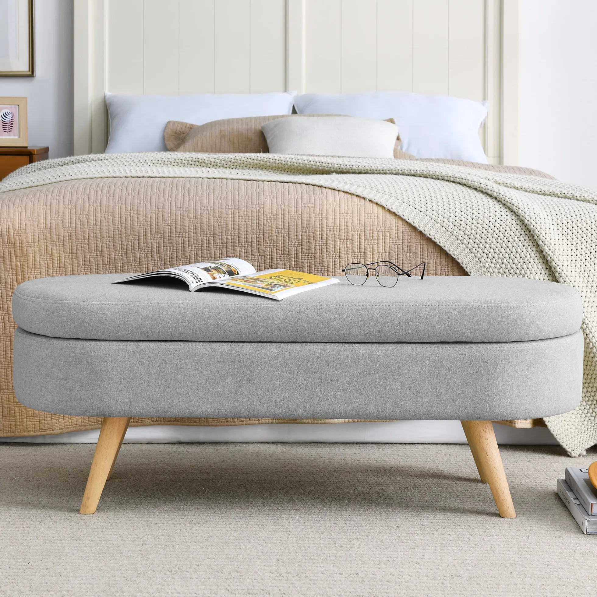 Walker Edison | Linen Oval Ottoman Storage Bench