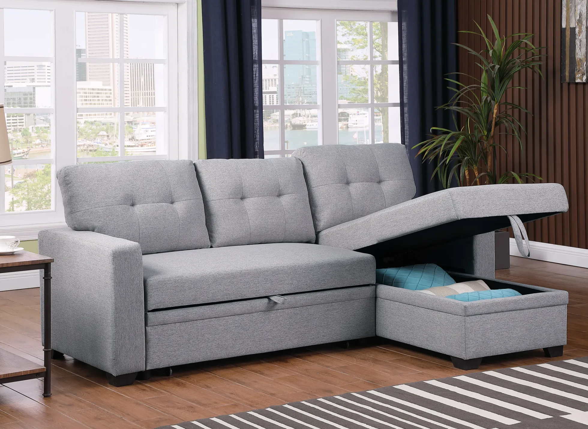 Walker Edison | Linen Pull Out Sectional Sofa with Storage Chaise