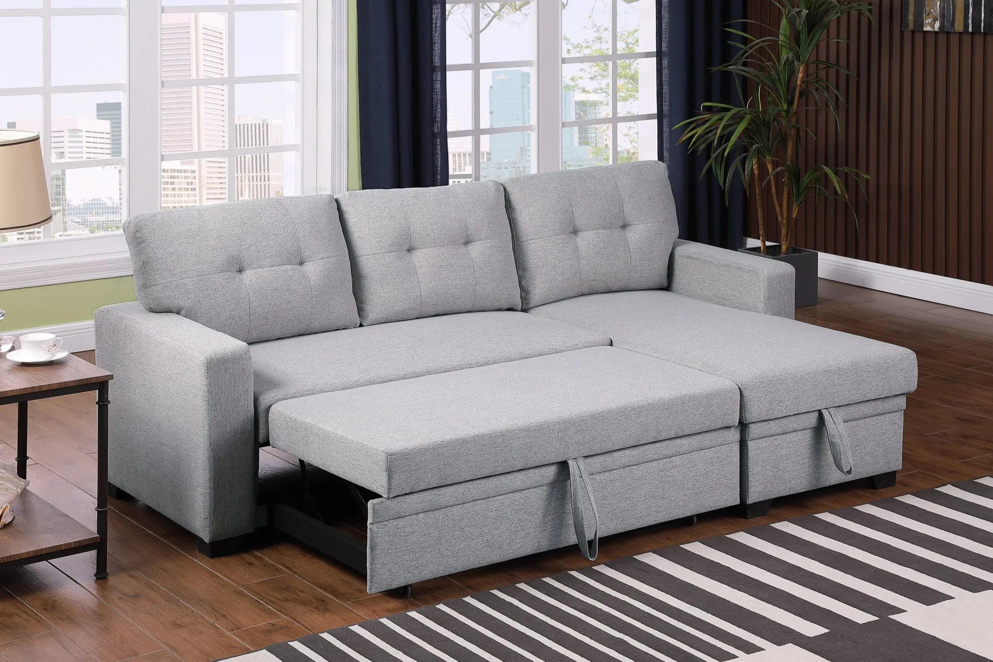 Walker Edison | Linen Pull Out Sectional Sofa with Storage Chaise