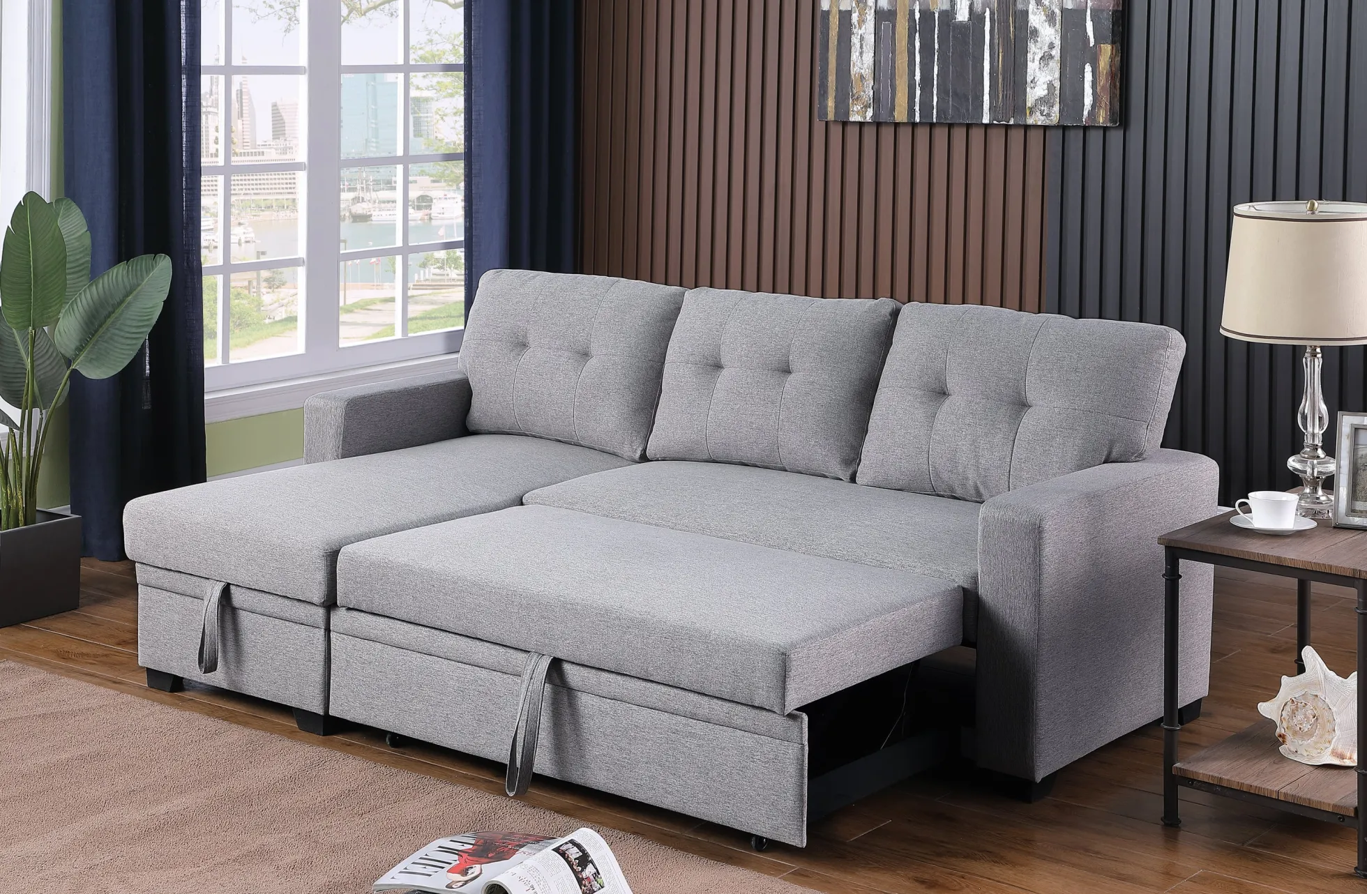Walker Edison | Linen Pull Out Sectional Sofa with Storage Chaise