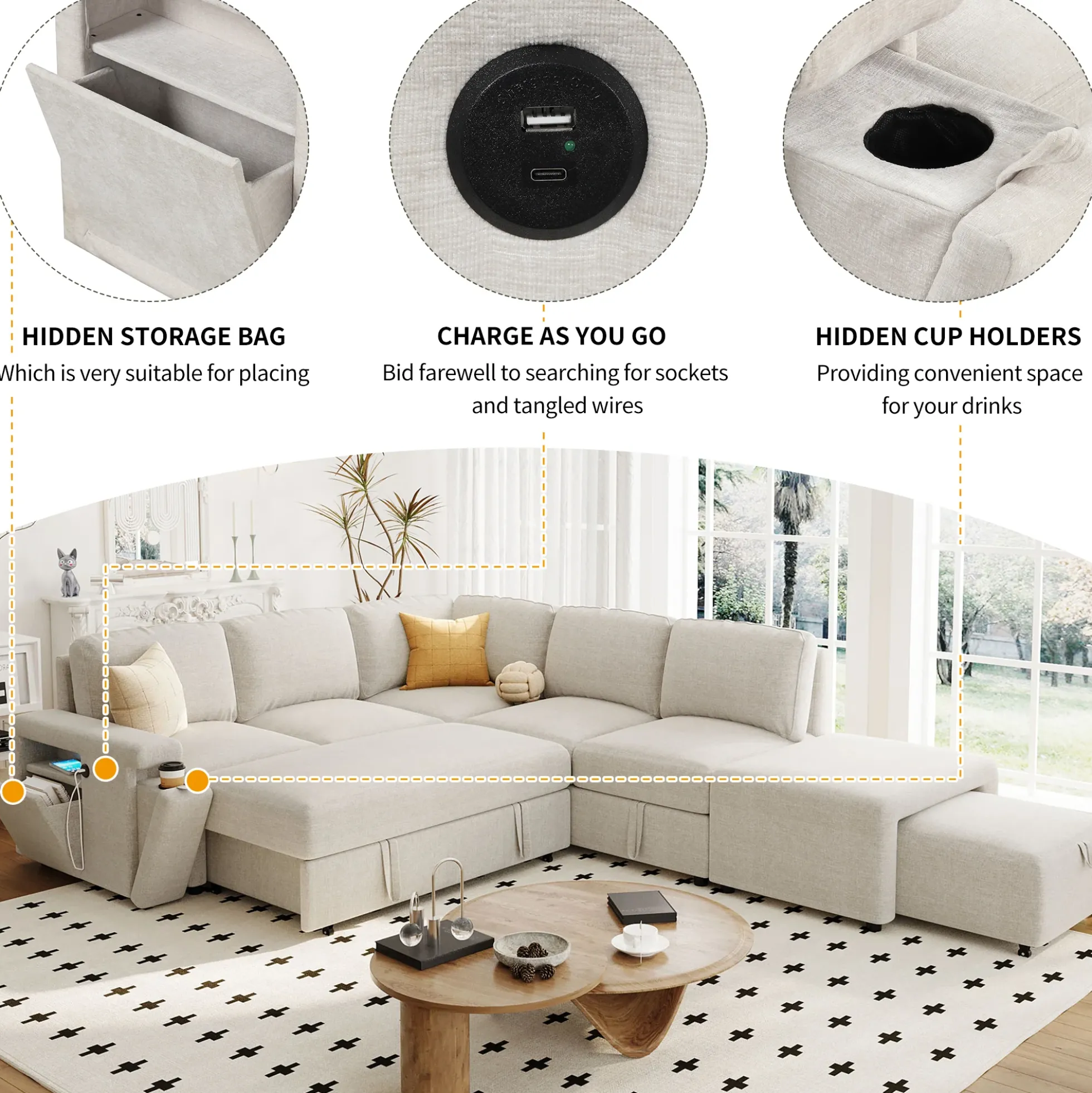 Walker Edison | L-Shaped Modular Sectional Sofa with Storage and USB Ports