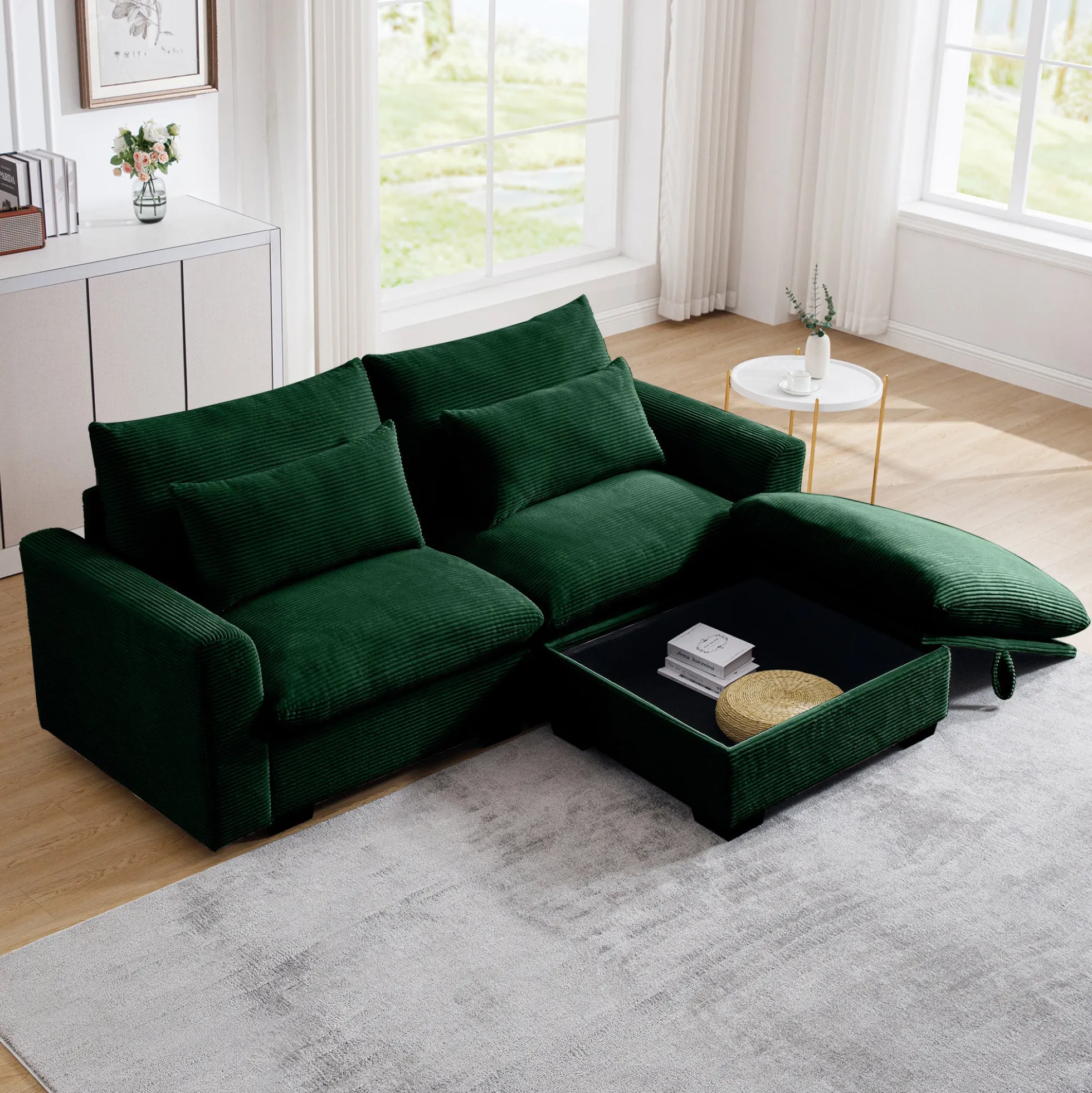 Walker Edison | Lux Green Corduroy Cloud Modular Loveseat Couch with Storage Ottoman
