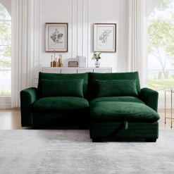 Walker Edison | Lux Green Corduroy Cloud Modular Loveseat Couch with Storage Ottoman