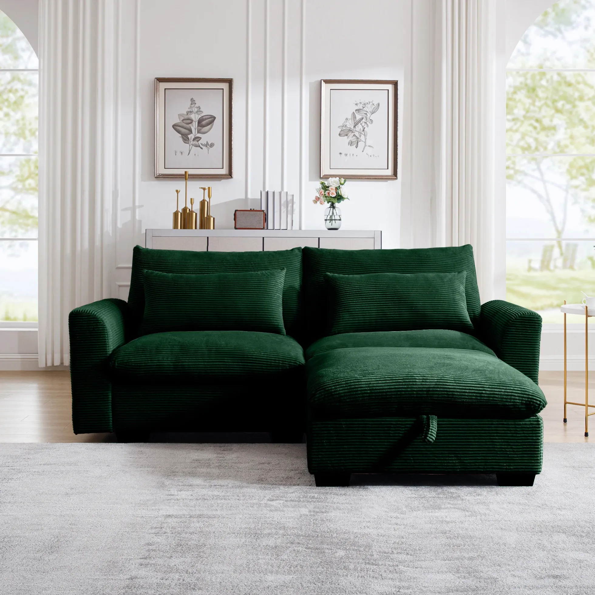 Walker Edison | Lux Green Corduroy Cloud Modular Loveseat Couch with Storage Ottoman