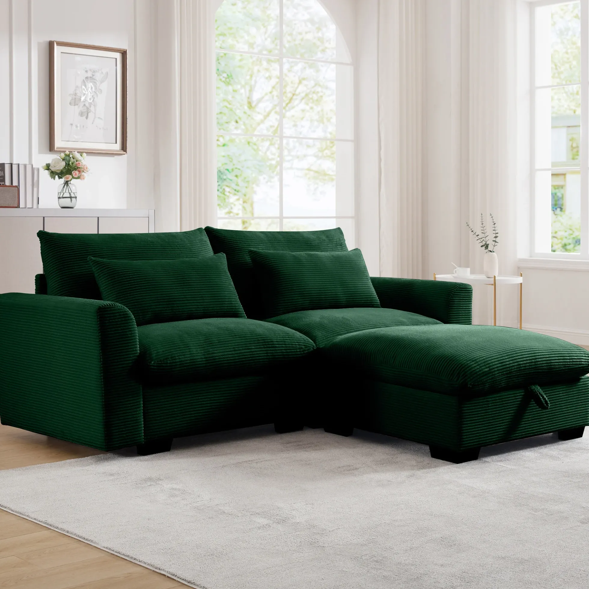 Walker Edison | Lux Green Corduroy Cloud Modular Loveseat Couch with Storage Ottoman