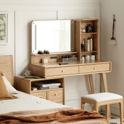 Walker Edison | Mid-Century Makeup Vanity Desk with Storage and Stool